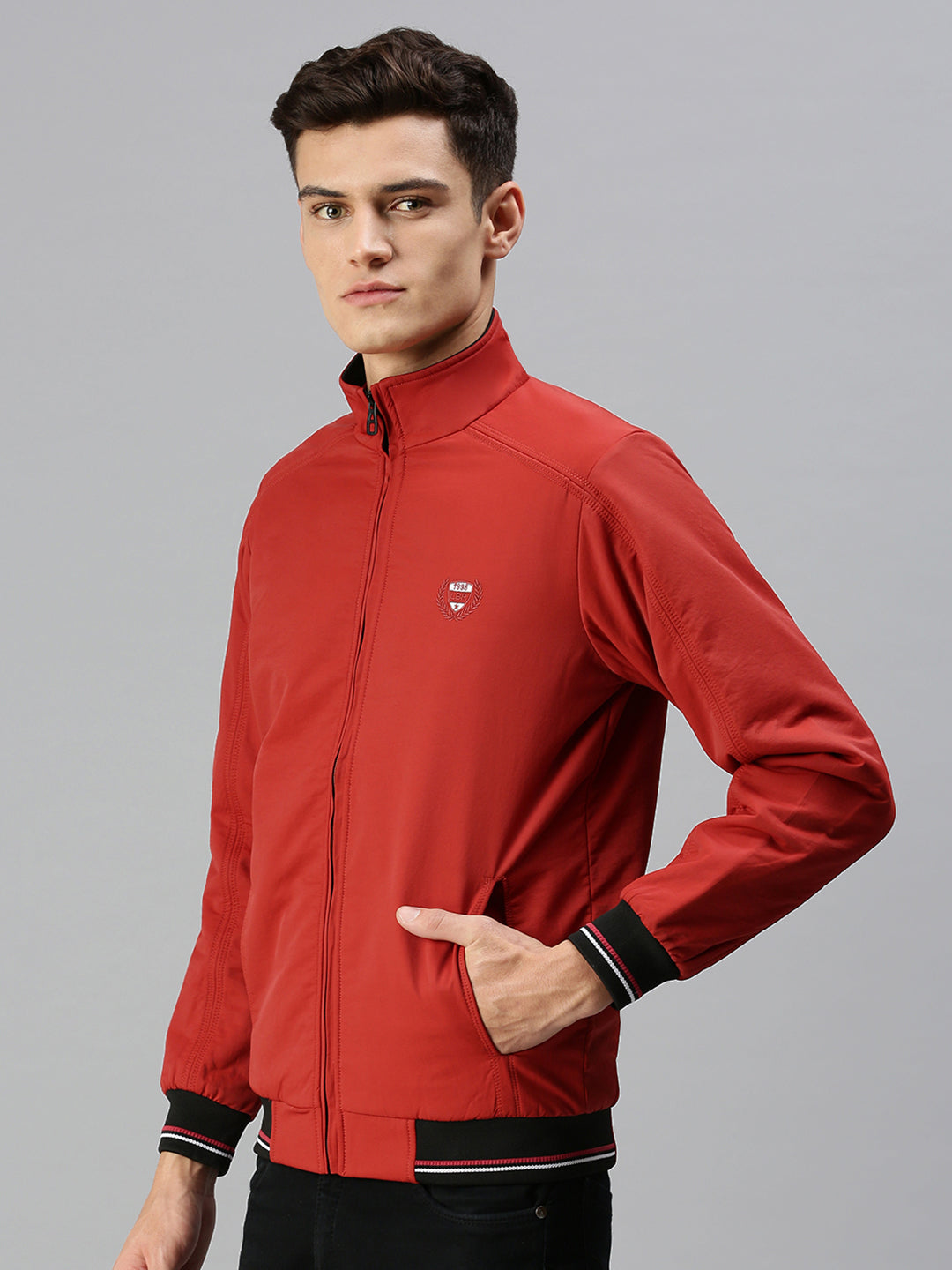 Men Solid Red Open Front Jacket