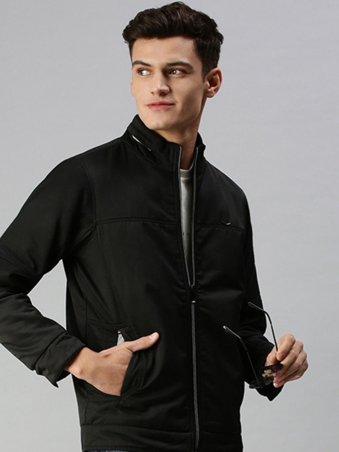 Men Solid Black Open Front Jacket