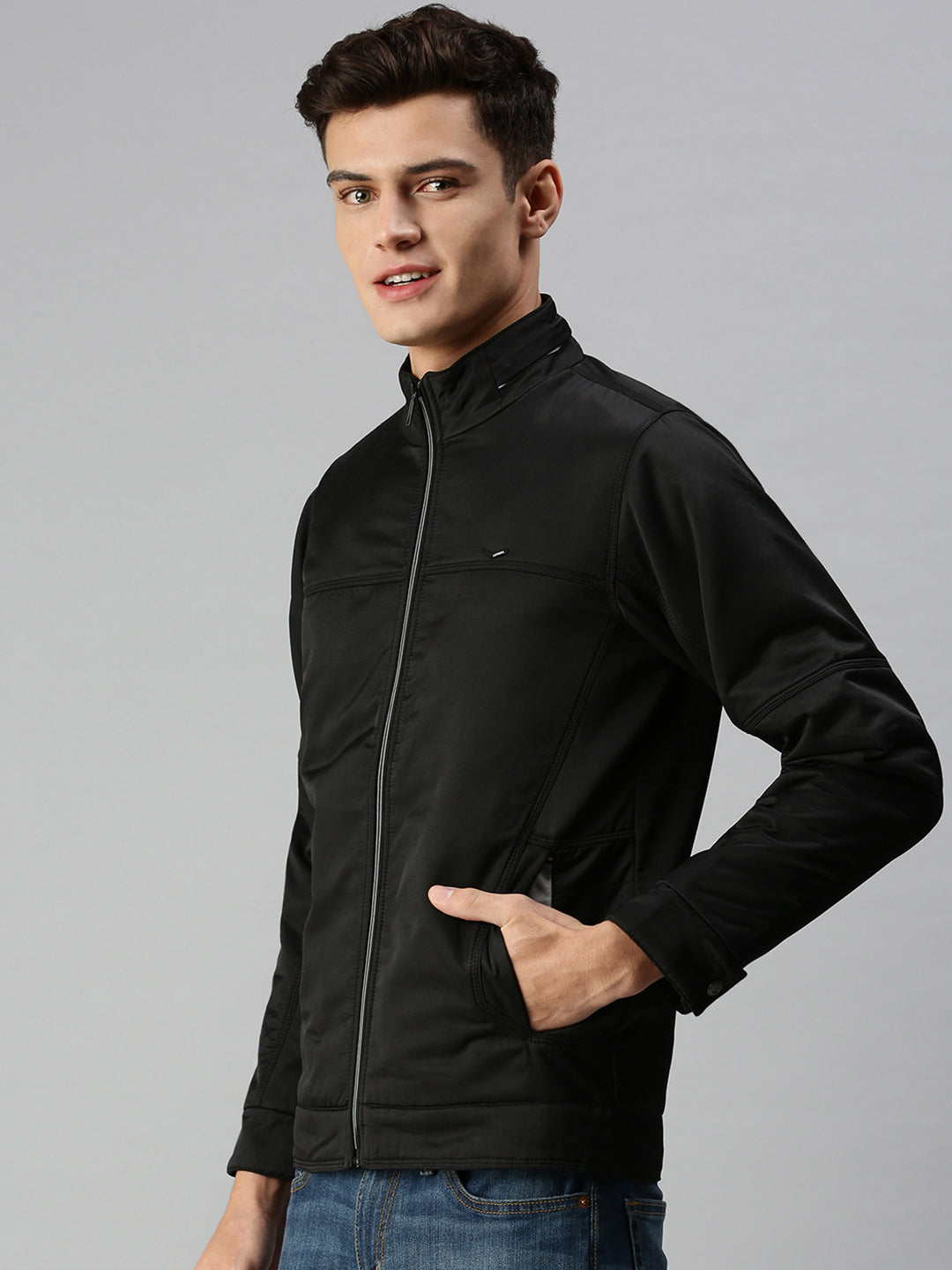 Men Solid Black Open Front Jacket