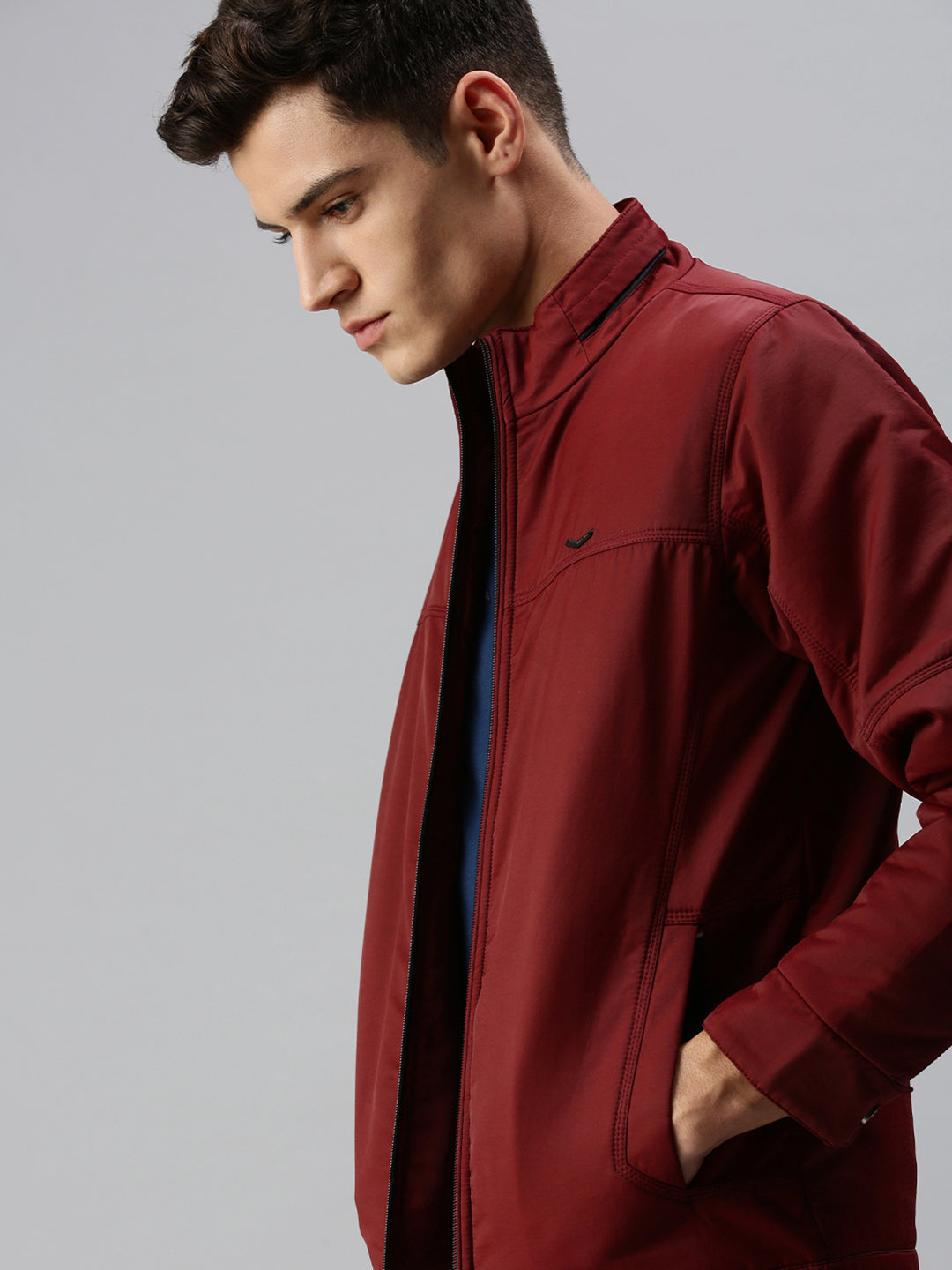 Men Solid Maroon Open Front Jacket