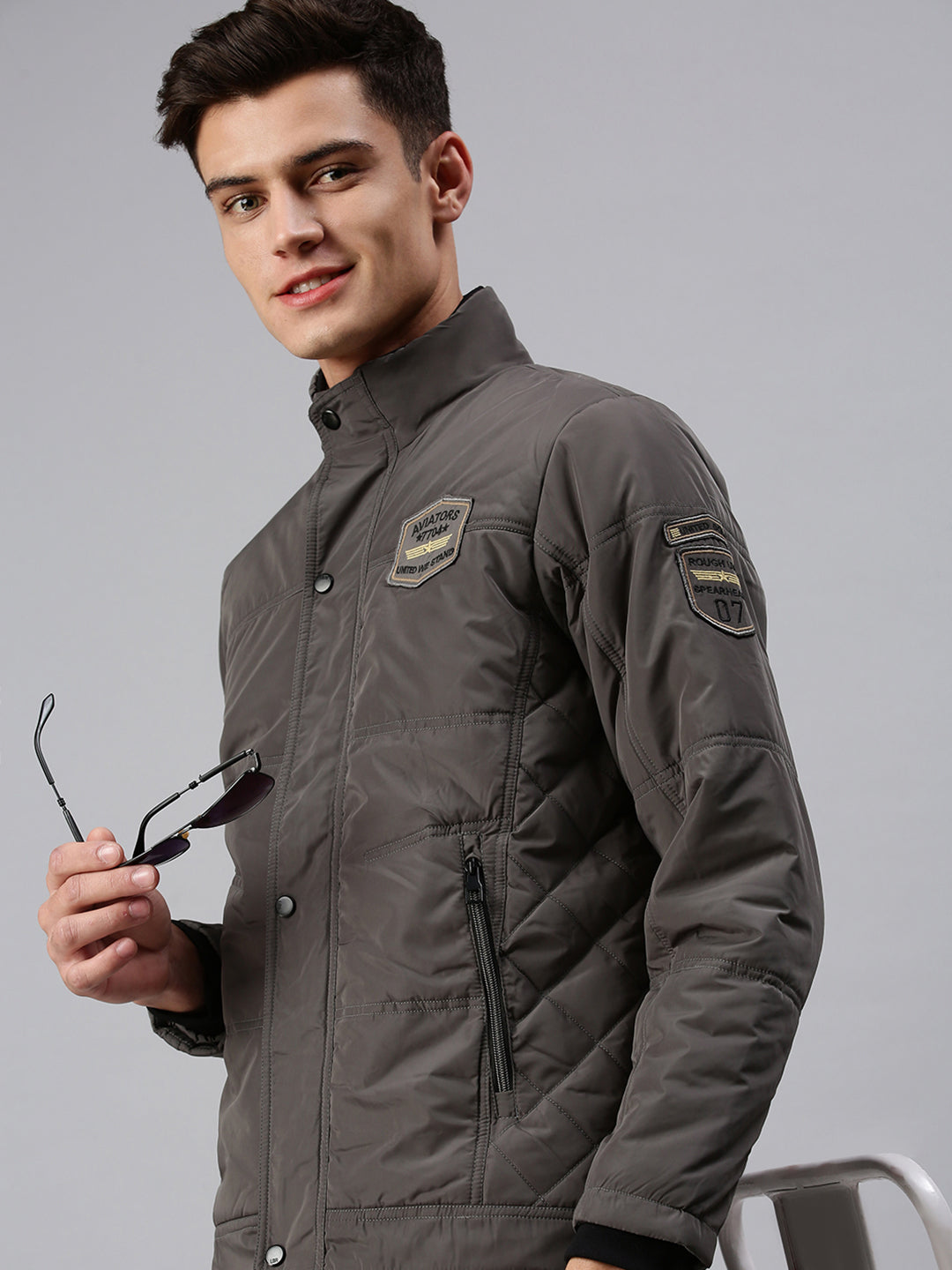 Men Solid Grey Padded Jacket