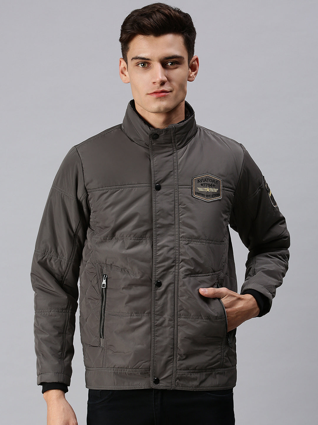 Men Solid Grey Padded Jacket