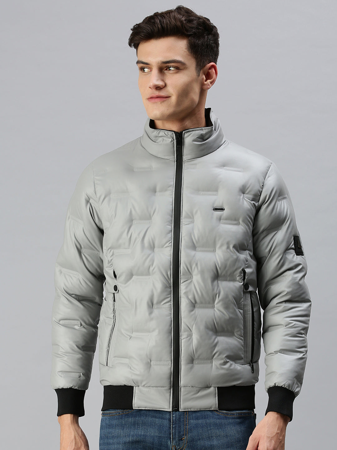 Men Solid Grey Padded Jacket