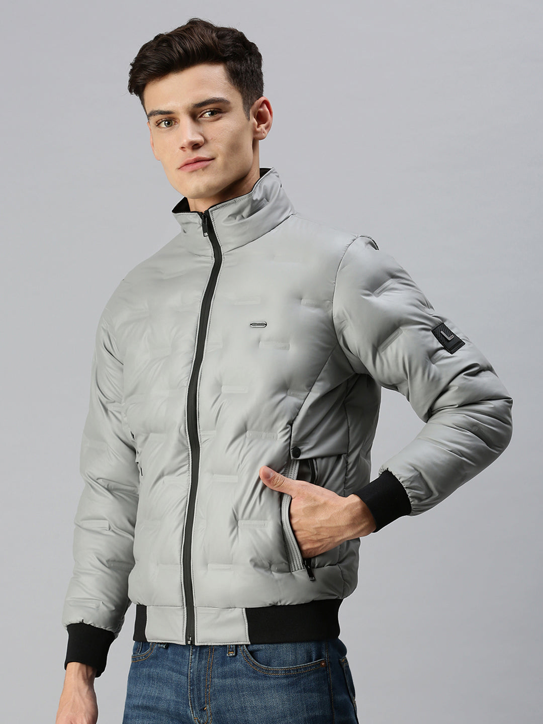 Men Solid Grey Padded Jacket