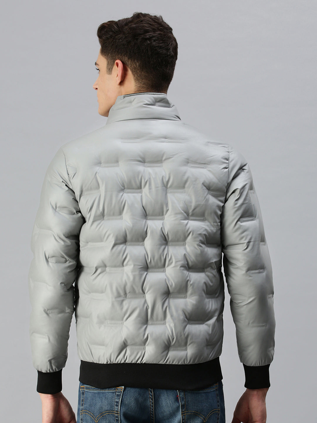 Men Solid Grey Padded Jacket