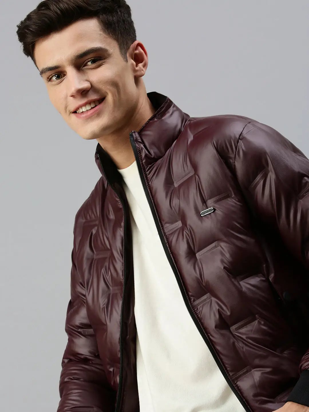 Men's Maroon Self Design Biker Jacket