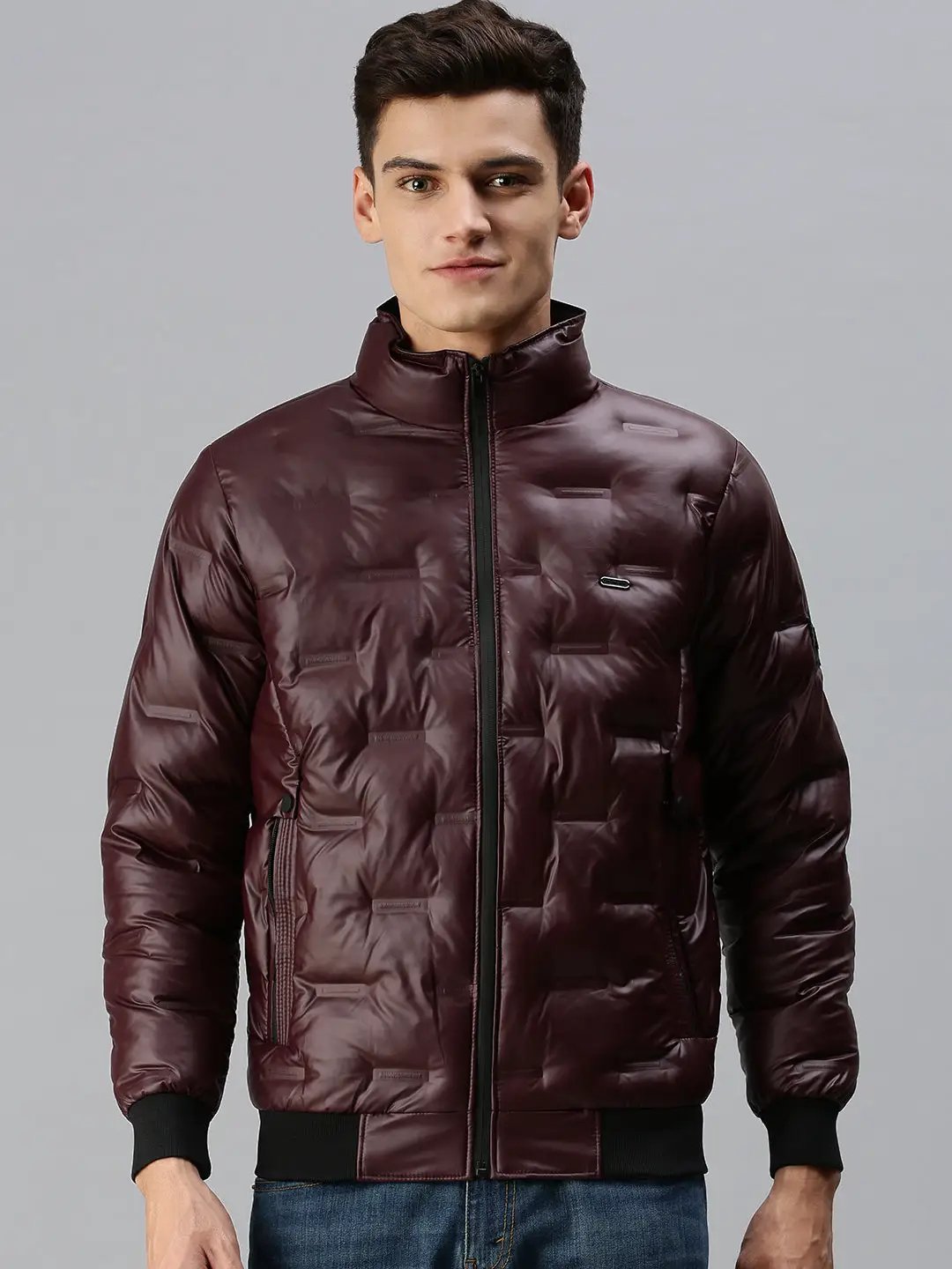 Men's Maroon Self Design Biker Jacket