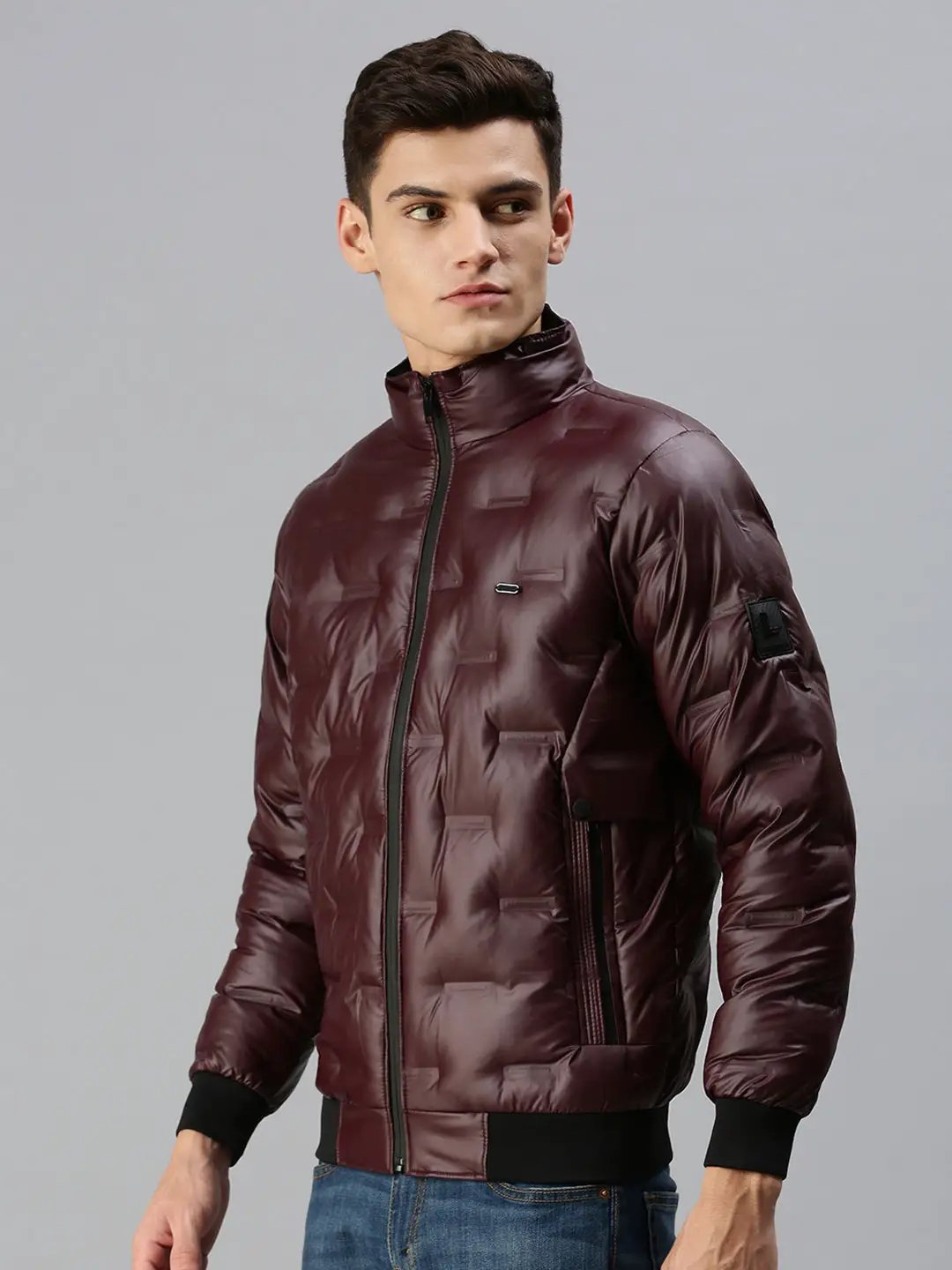 Men's Maroon Self Design Biker Jacket