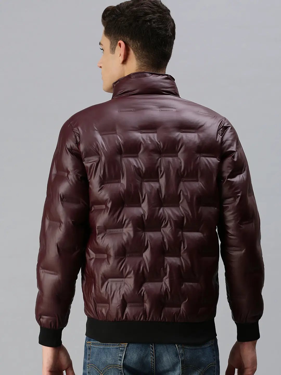Men's Maroon Self Design Biker Jacket
