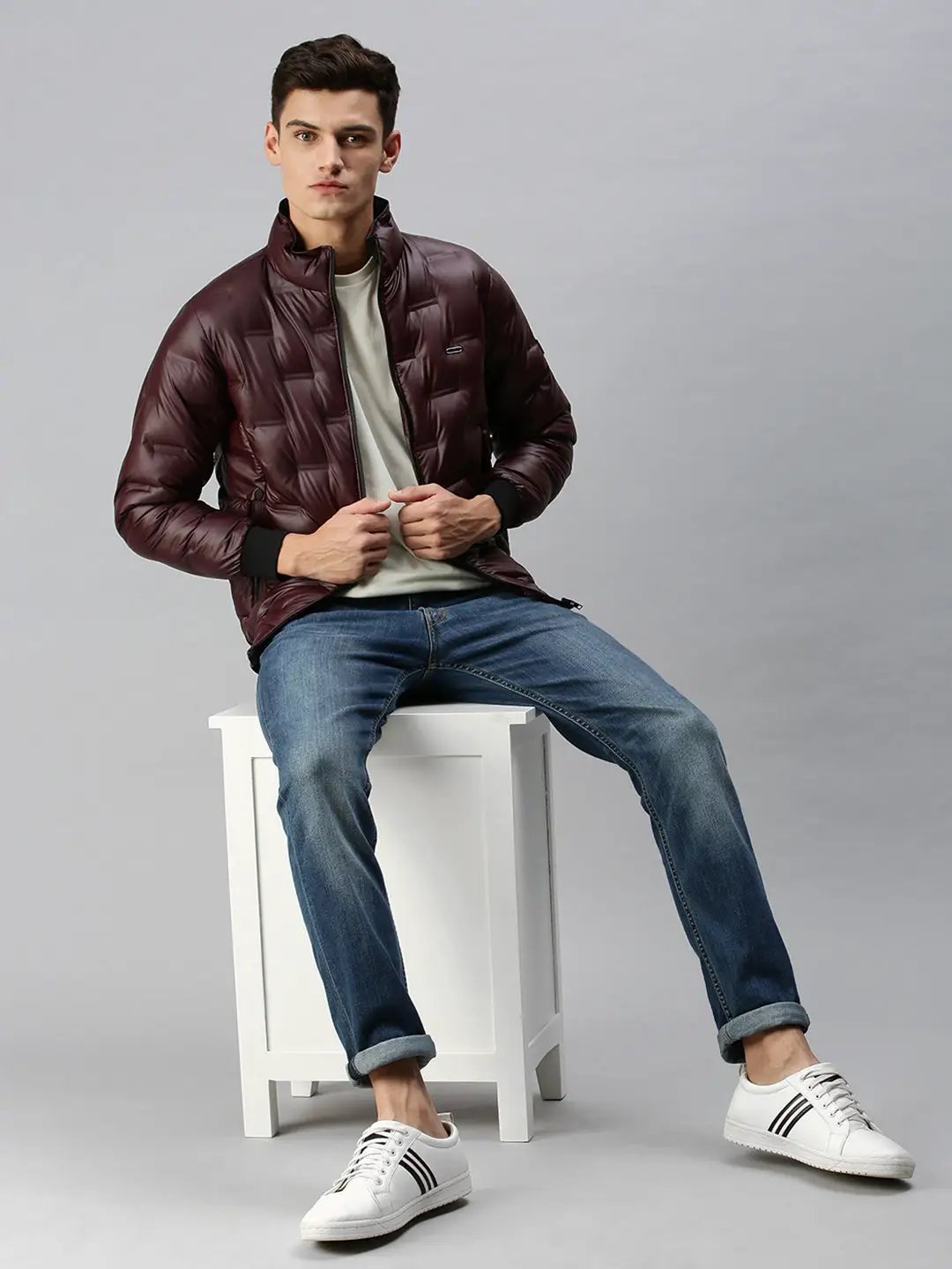 Men's Maroon Self Design Biker Jacket