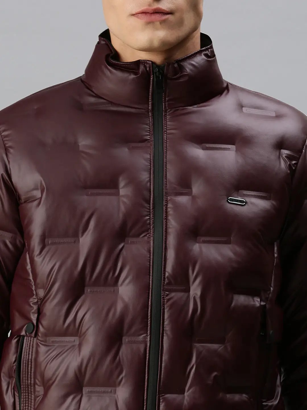 Men's Maroon Self Design Biker Jacket