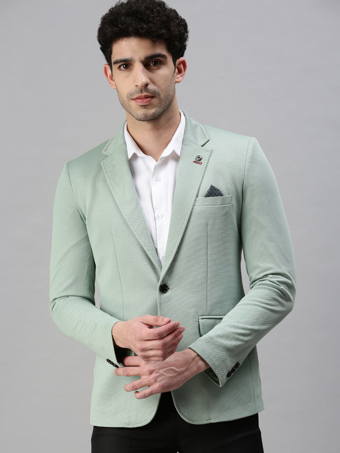 Men Green Solid Single Breasted Blazer