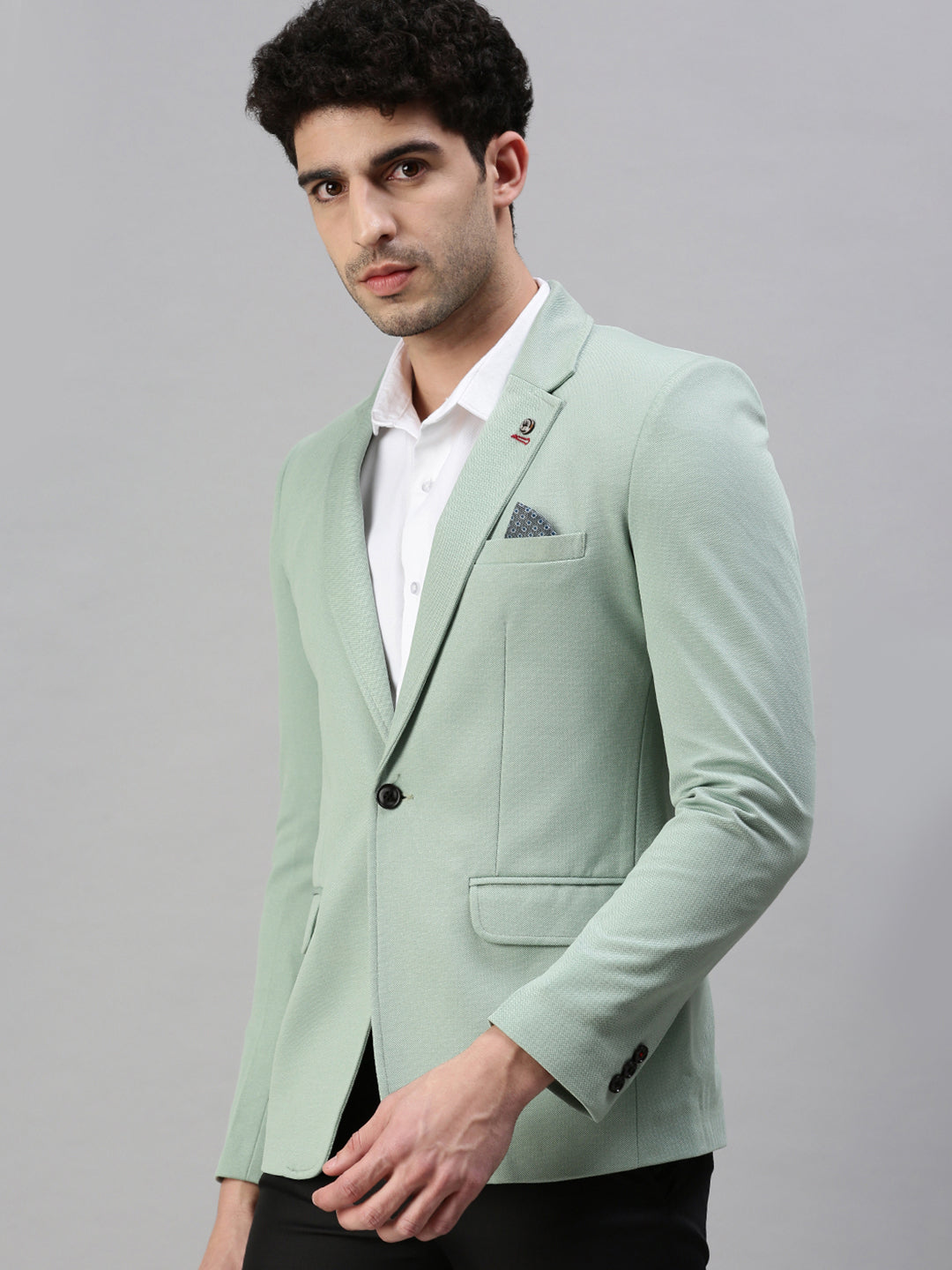 Men Green Solid Single Breasted Blazer