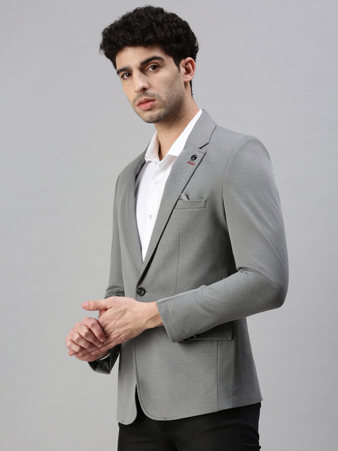 Men's Solid Grey Single Breasted Blazer