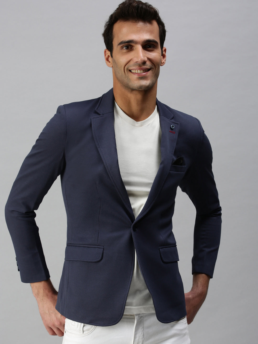 Men's Solid Navy Blue Single Breasted Blazer