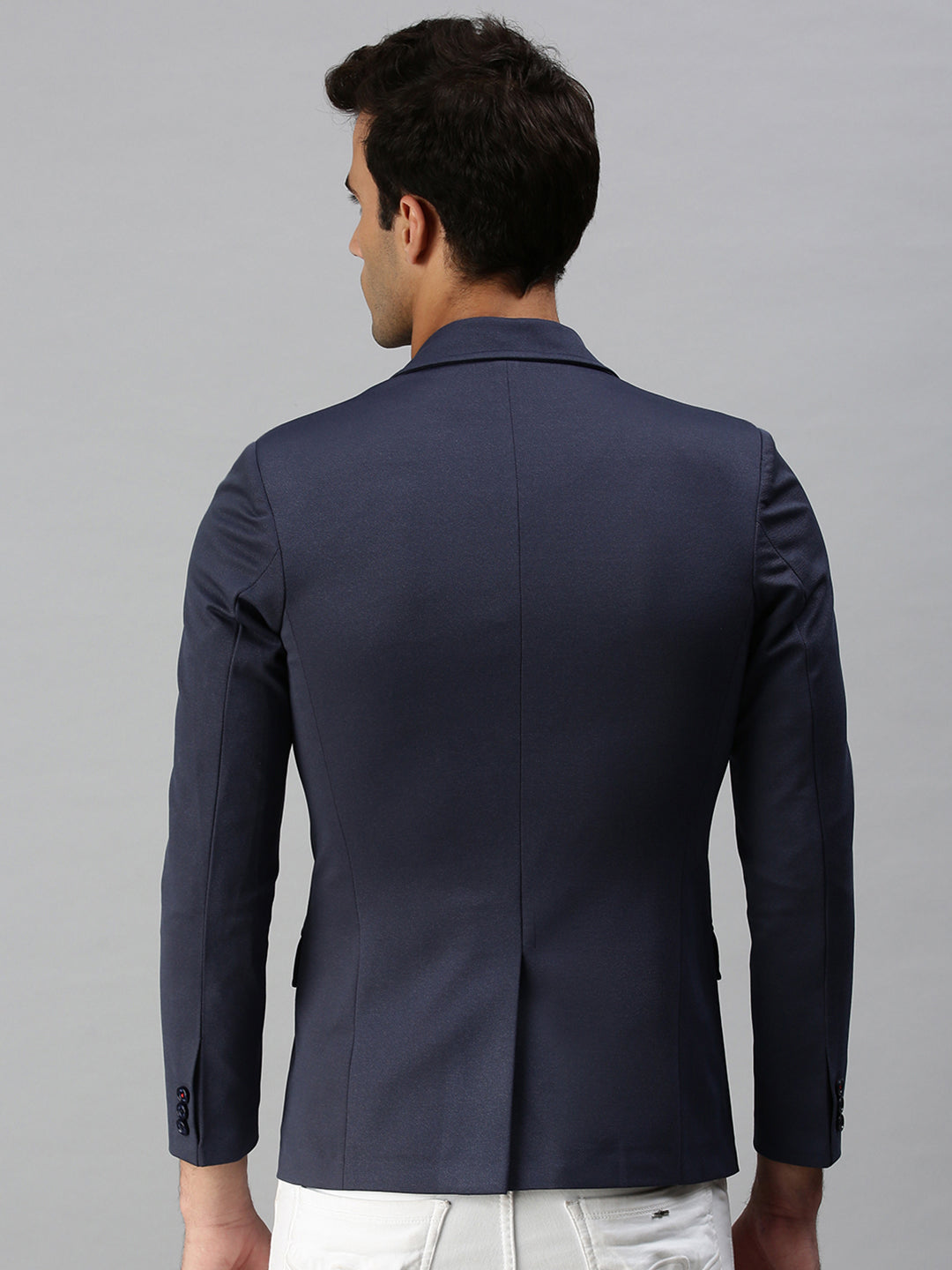 Men's Solid Navy Blue Single Breasted Blazer