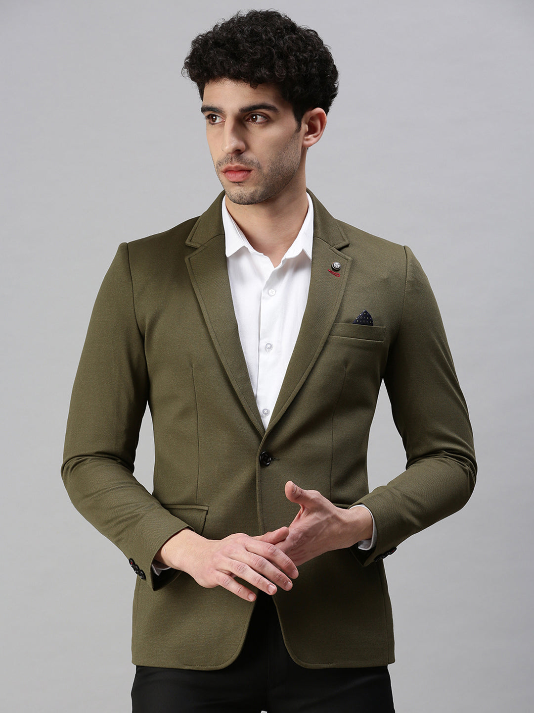 Men's Solid Olive Single Breasted Blazer