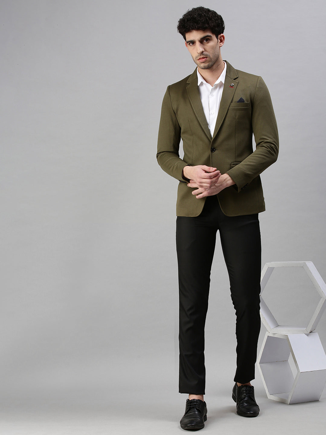 Men's Solid Olive Single Breasted Blazer