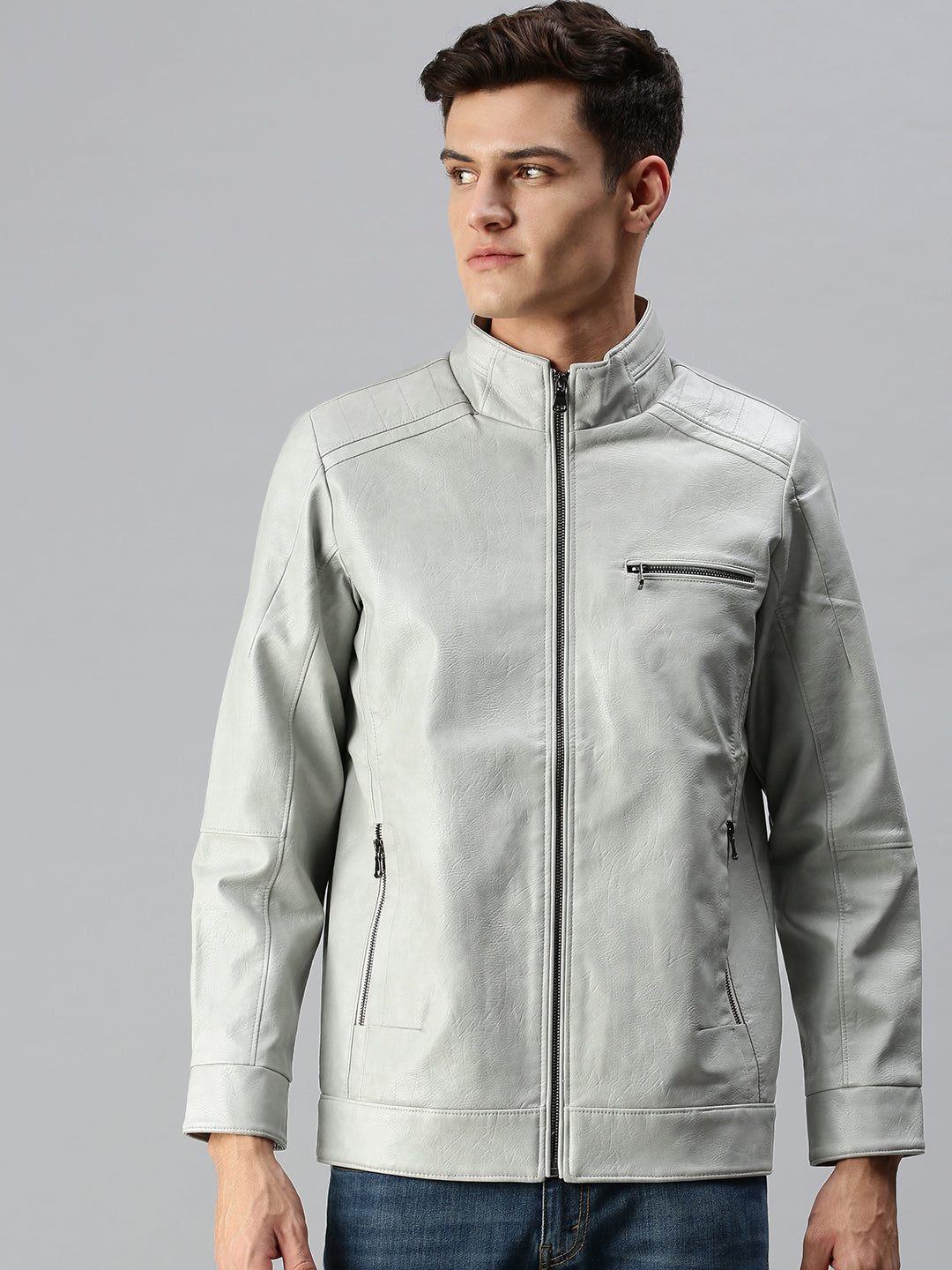 Men Solid Grey Jacket