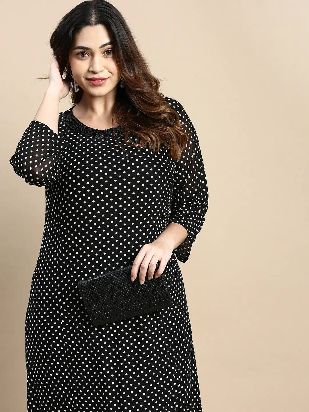 Shop Women's Black Polka Dots Printed Round Neck Embellished A-Line Maxi Dress| Showoffff Shop Women's Black Polka Dots Printed Round Neck Embellished A-Line Maxi Dress| Showoffff