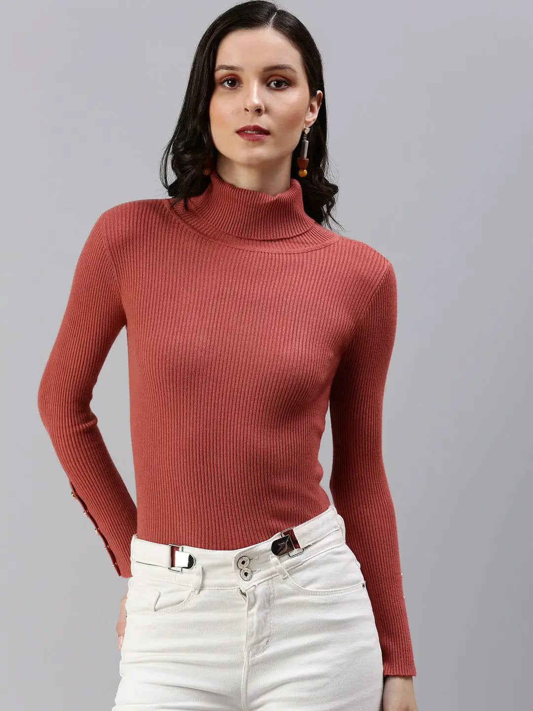 Women's High Neck Solid Rust Fitted Top