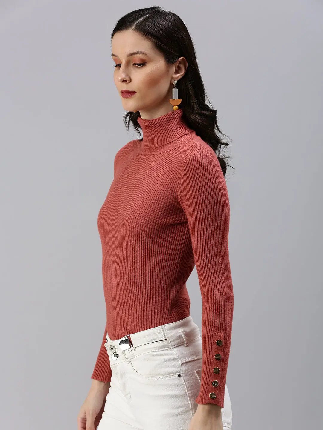 Women's High Neck Solid Rust Fitted Top
