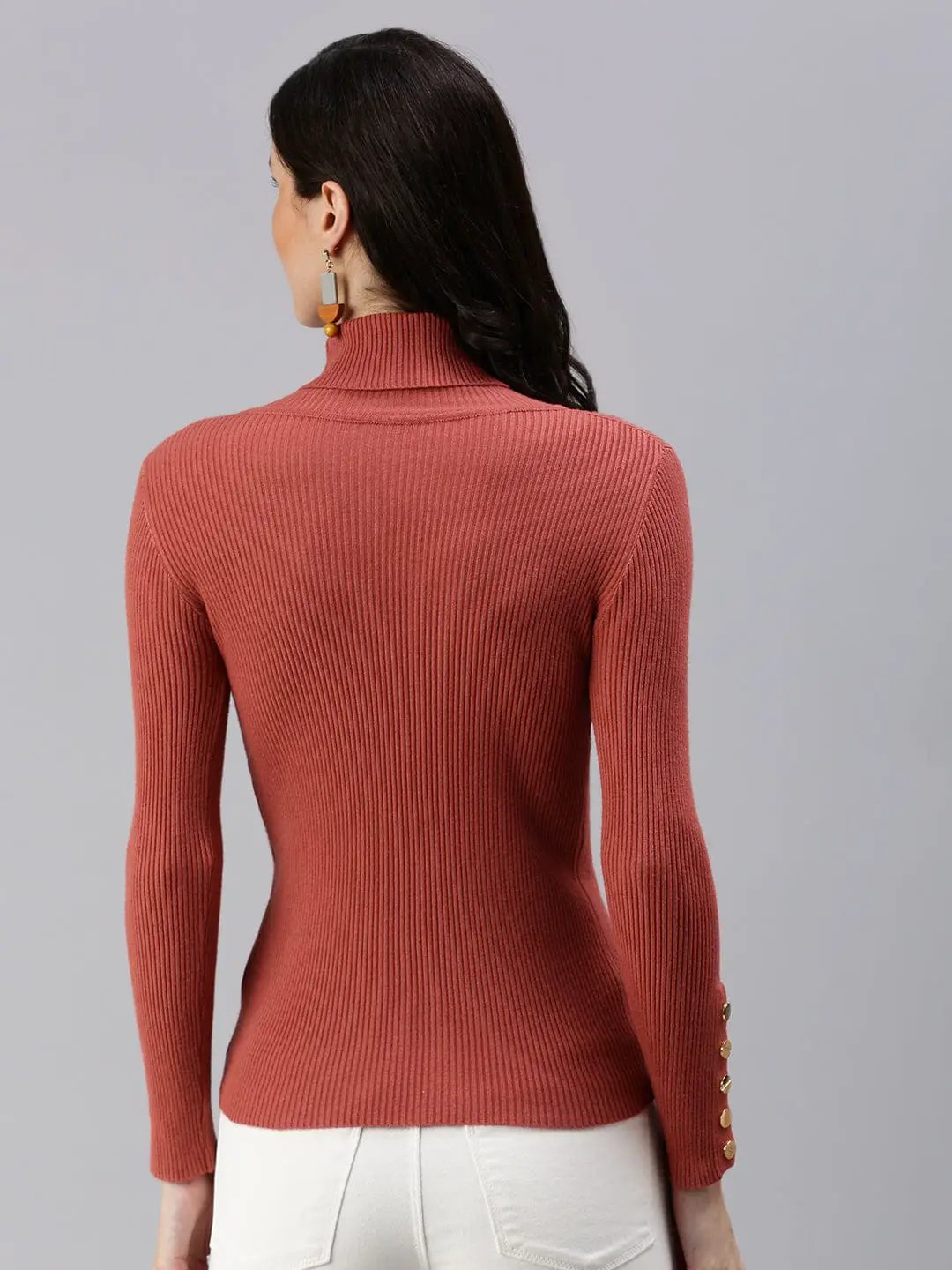 Women's High Neck Solid Rust Fitted Top