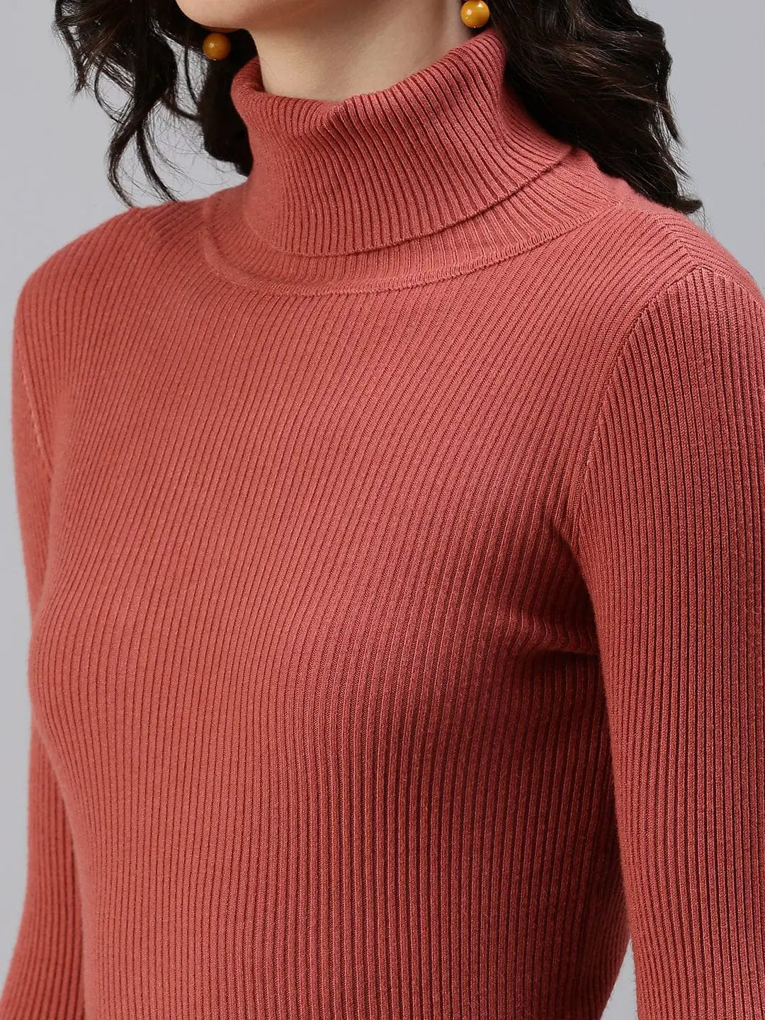 Women's High Neck Solid Rust Fitted Top