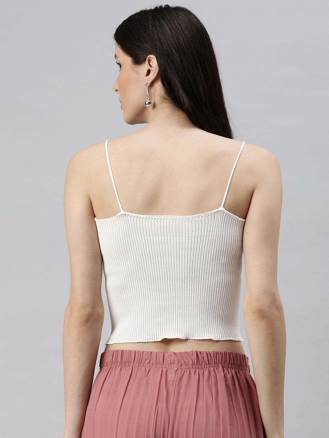 Women Shoulder Straps Solid White Fitted Top