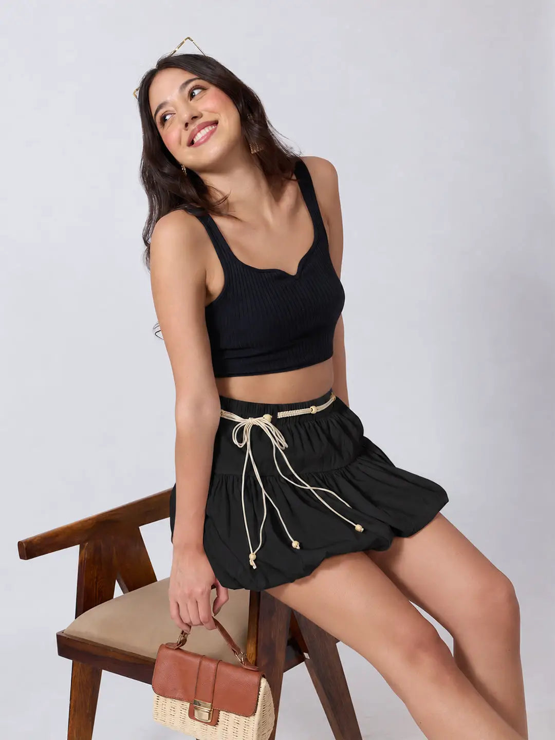 Women's Black Bubble Hem Mini Skort with Elasticated Waist & Rope Belt