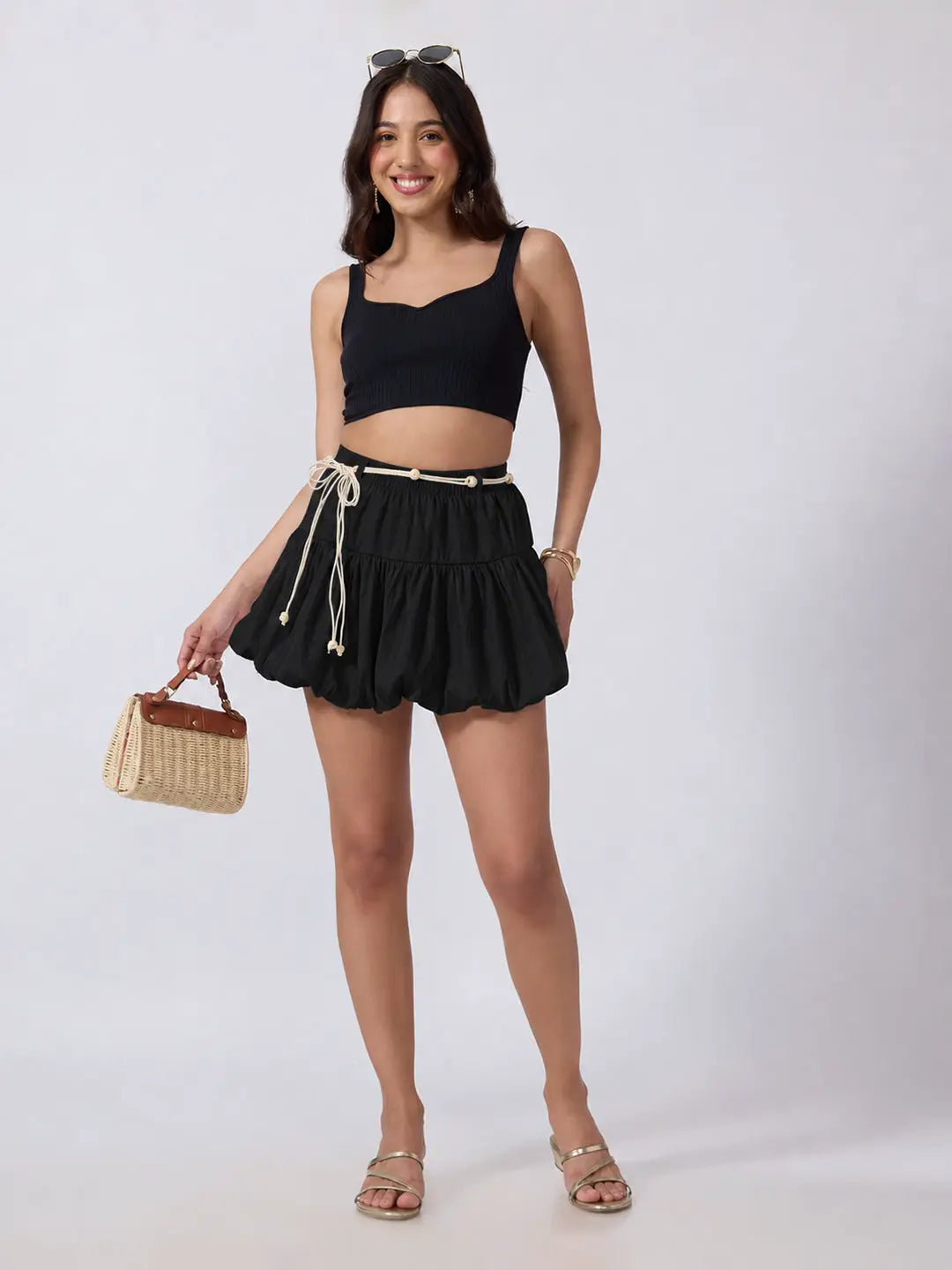 Women's Black Bubble Hem Mini Skort with Elasticated Waist & Rope Belt