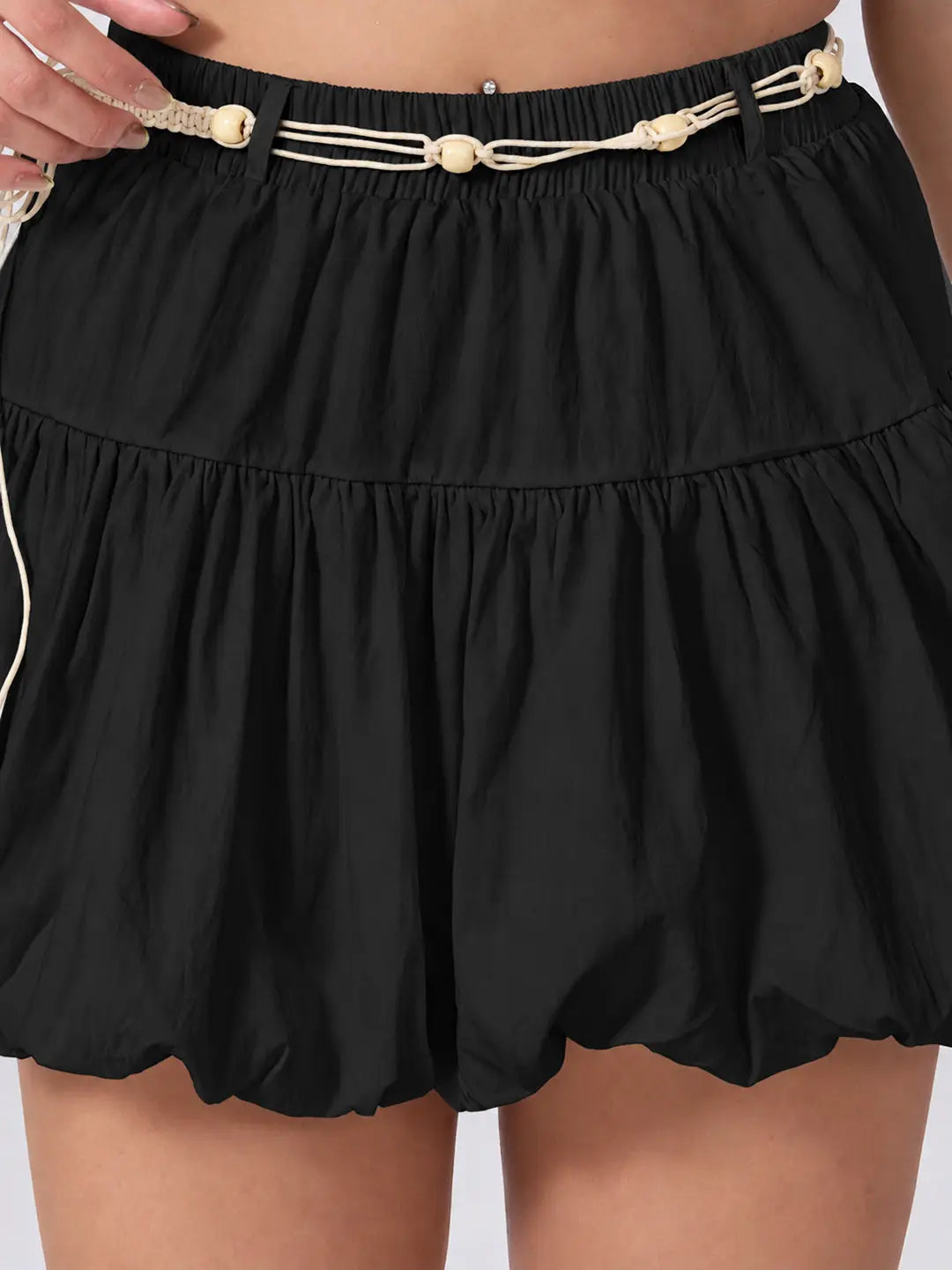 Women's Black Bubble Hem Mini Skort with Elasticated Waist & Rope Belt