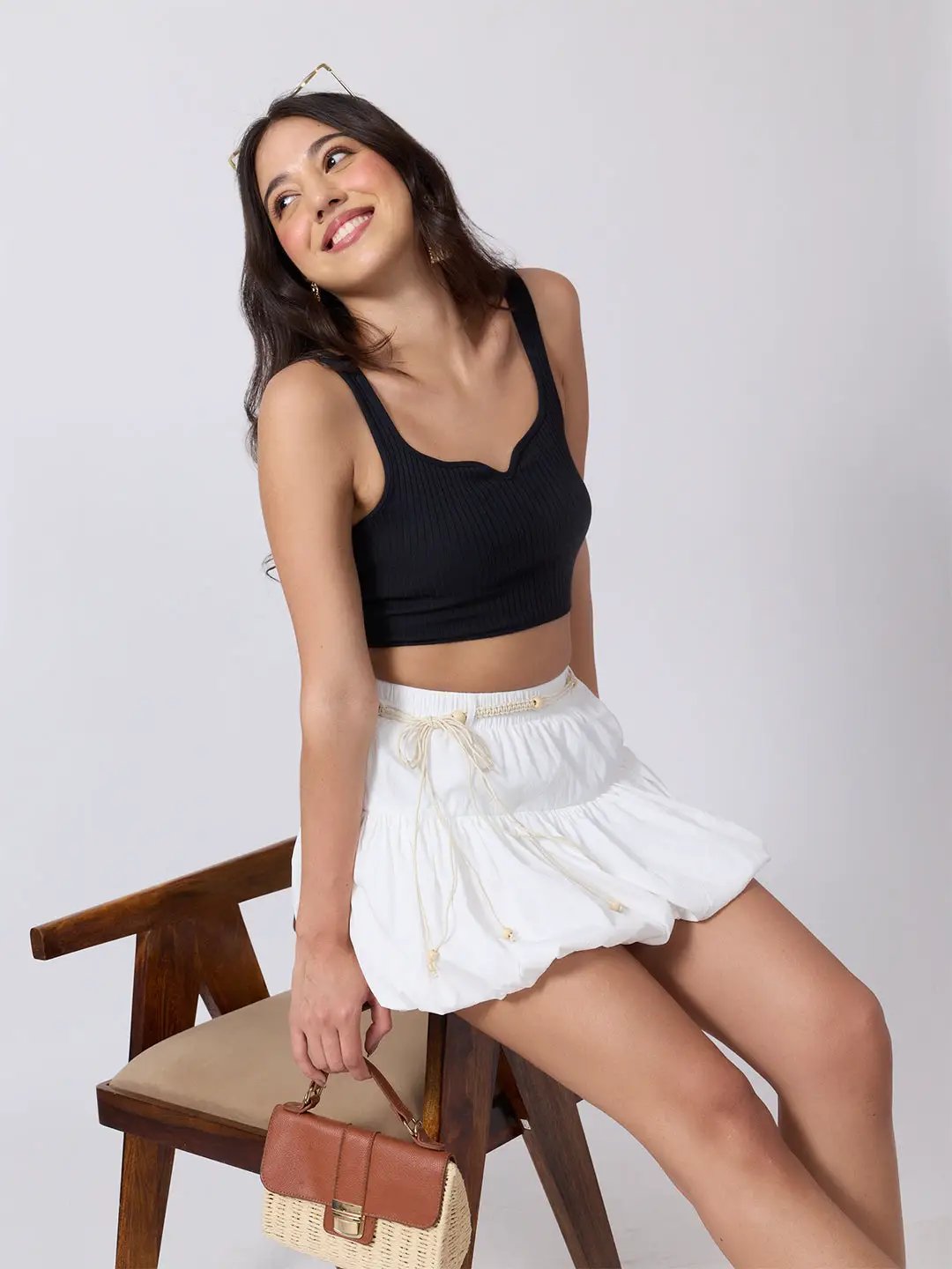 Women's White Bubble Hem Mini Skirt with Elasticated Waist & Rope Belt