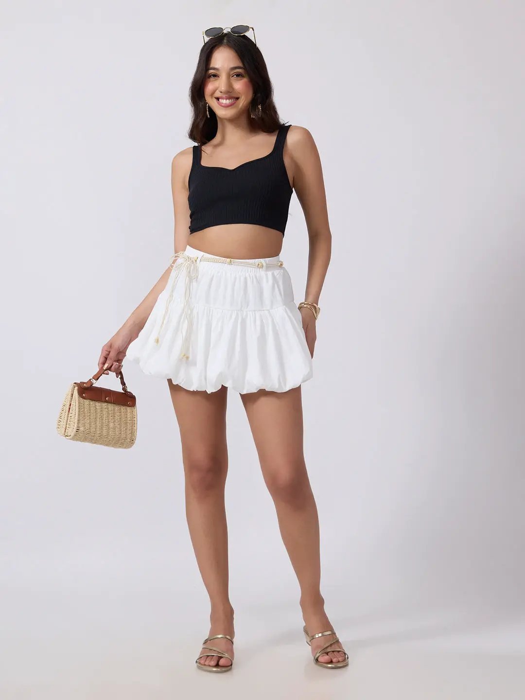 Women's White Bubble Hem Mini Skirt with Elasticated Waist & Rope Belt