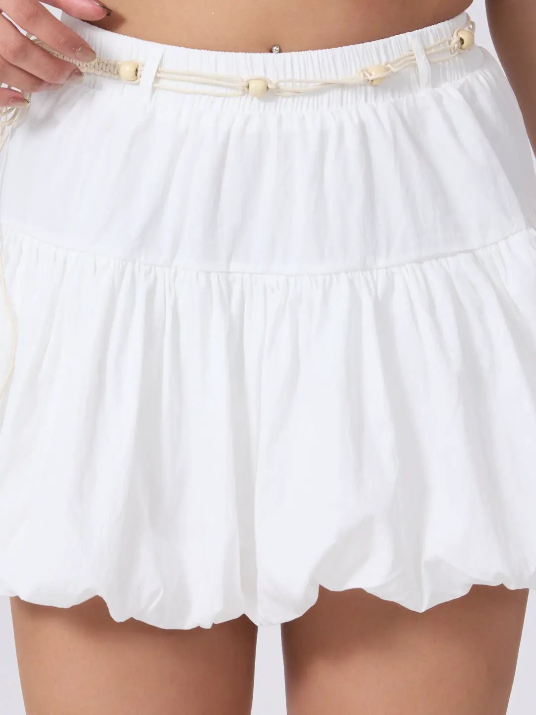 Women's White Bubble Hem Mini Skirt with Elasticated Waist & Rope Belt
