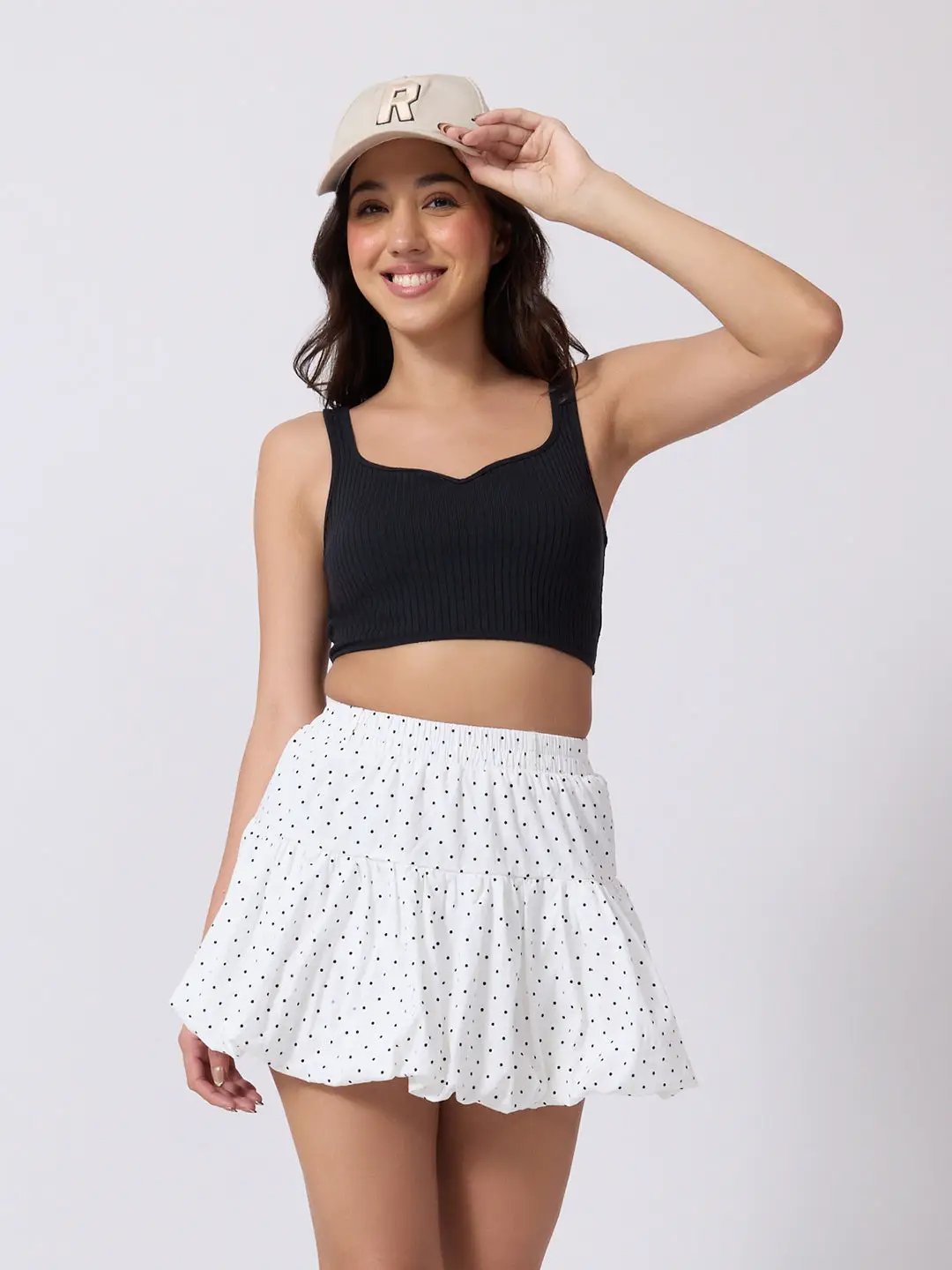 Women's Polka Dot White High Rise Mini Skort with Bubble Hem