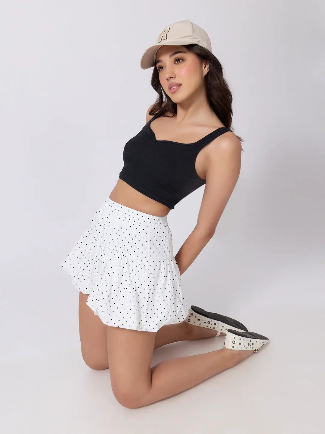 Women's Polka Dot White High Rise Mini Skort with Bubble Hem