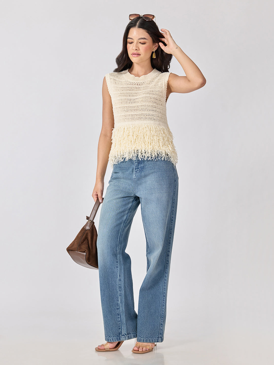 Women’s Open-Knit Textured Cream Crochet Top with Fringe Hem