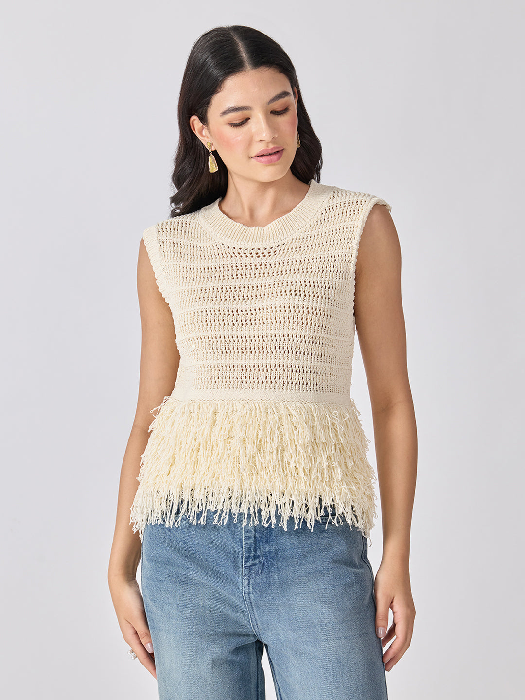 Women’s Open-Knit Textured Cream Crochet Top with Fringe Hem