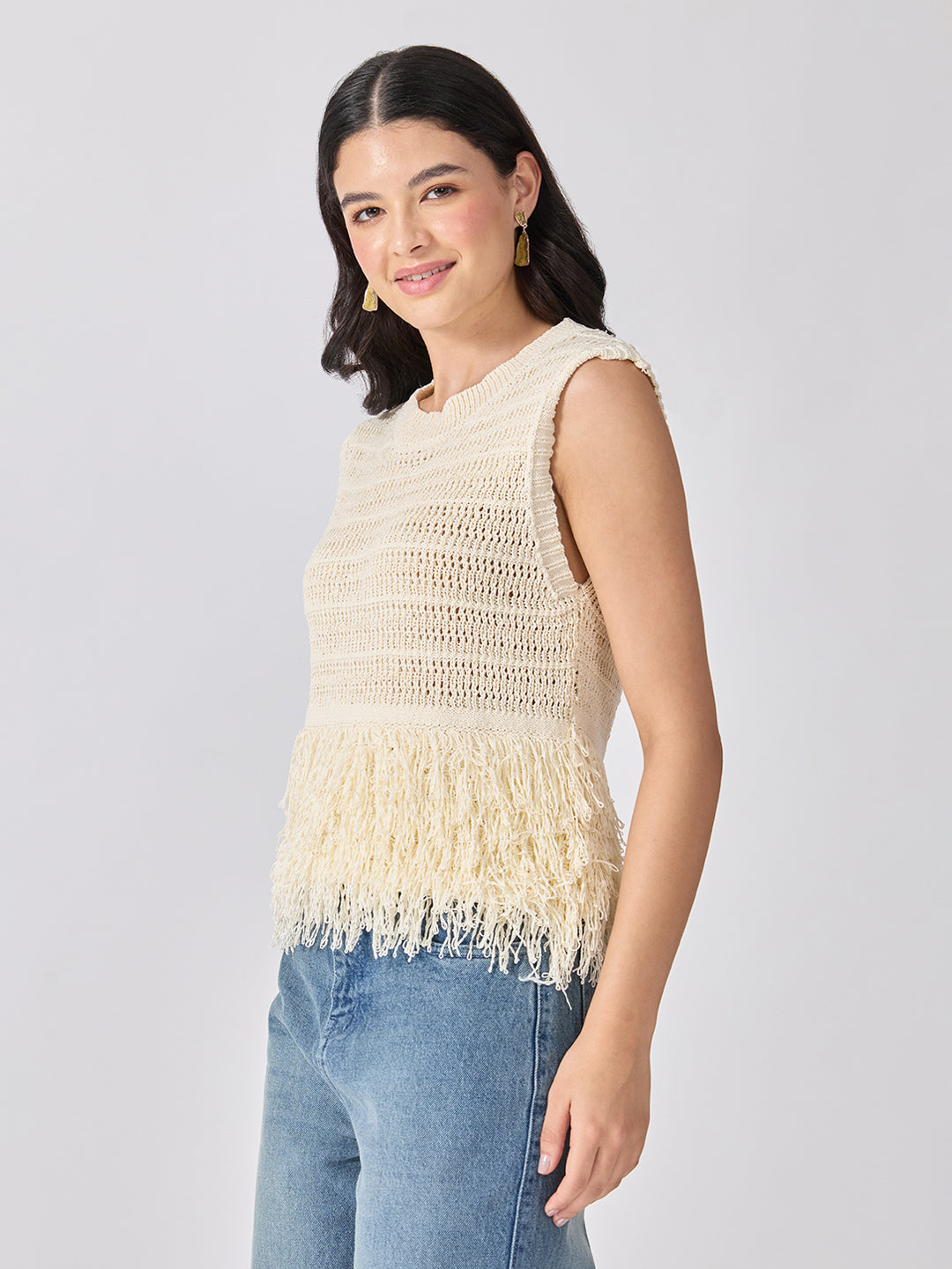 Women’s Open-Knit Textured Cream Crochet Top with Fringe Hem
