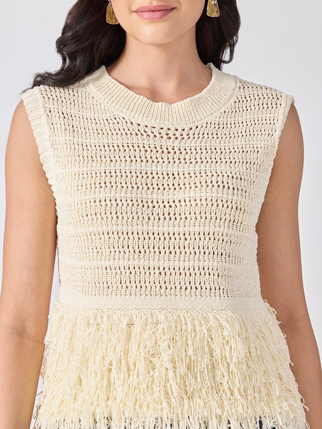 Women’s Open-Knit Textured Cream Crochet Top with Fringe Hem
