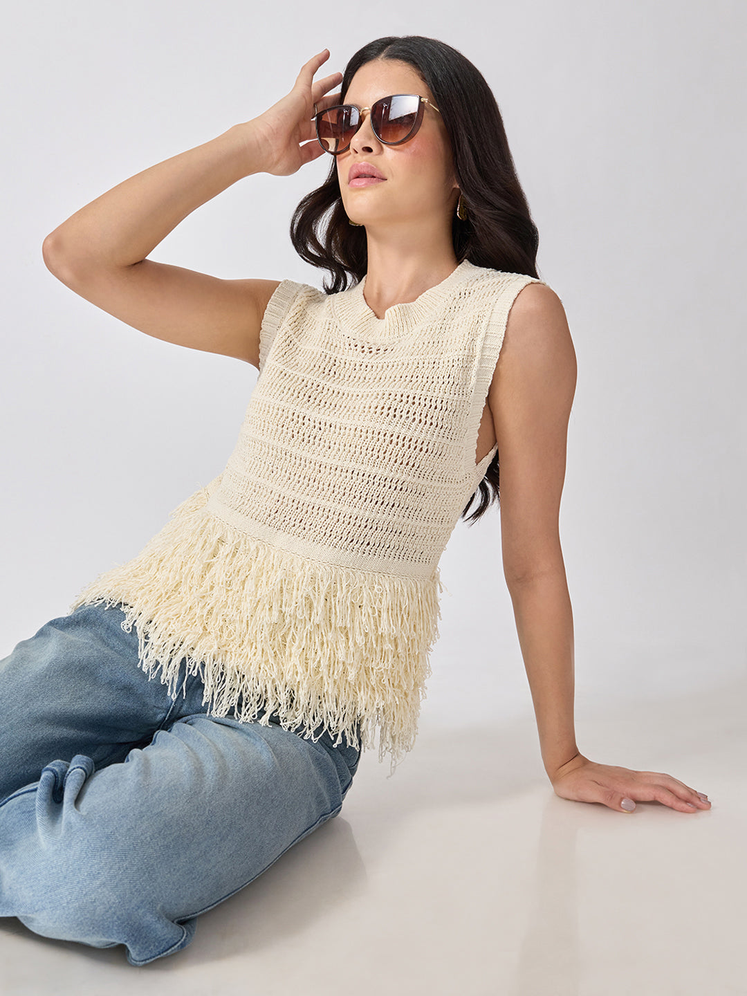Women’s Open-Knit Textured Cream Crochet Top with Fringe Hem