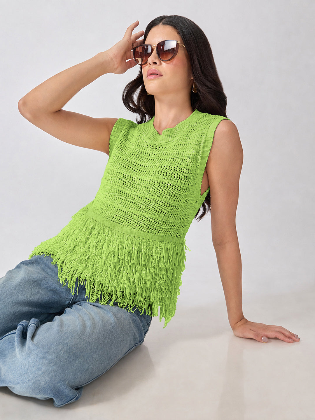 Women’s Open-Knit Textured Green Crochet Top with Fringe Hem