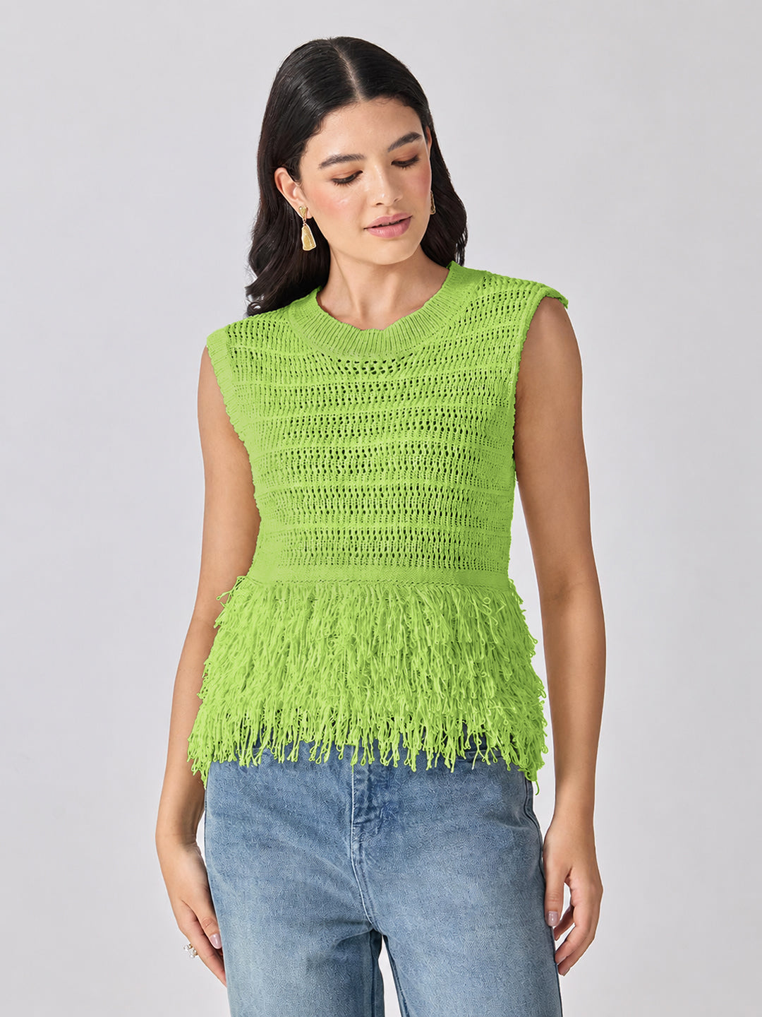 Women’s Open-Knit Textured Green Crochet Top with Fringe Hem