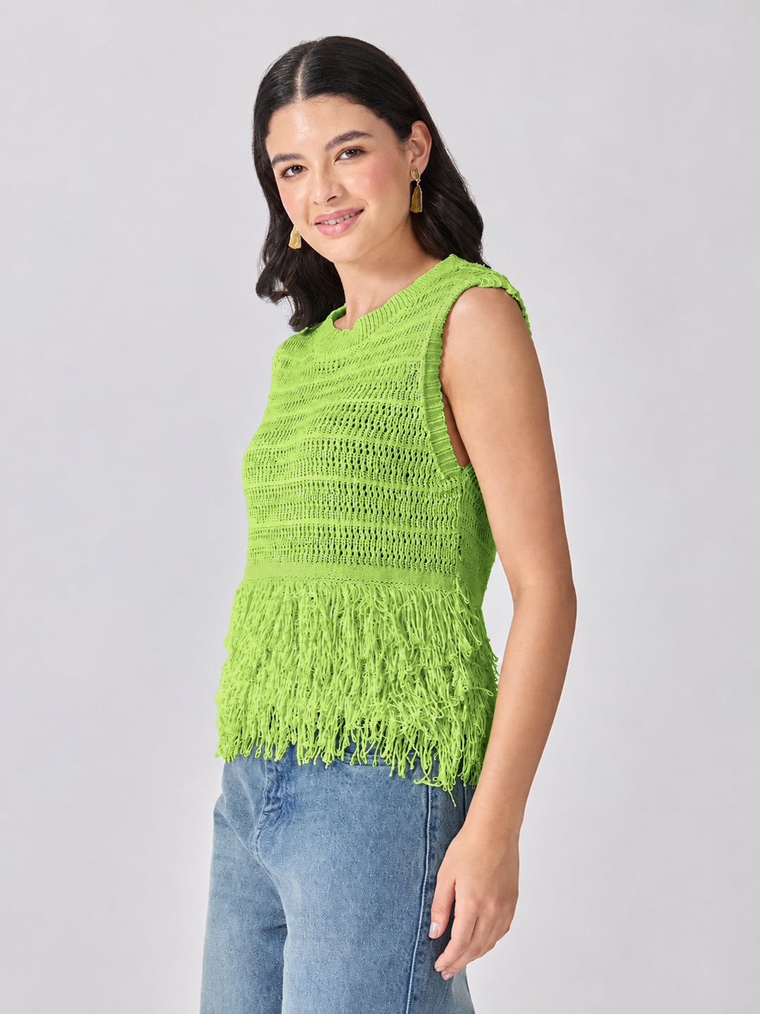 Women’s Open-Knit Textured Green Crochet Top with Fringe Hem