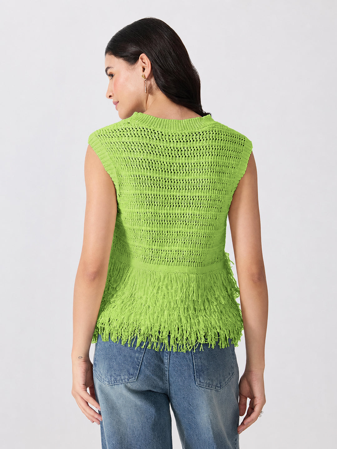 Women’s Open-Knit Textured Green Crochet Top with Fringe Hem