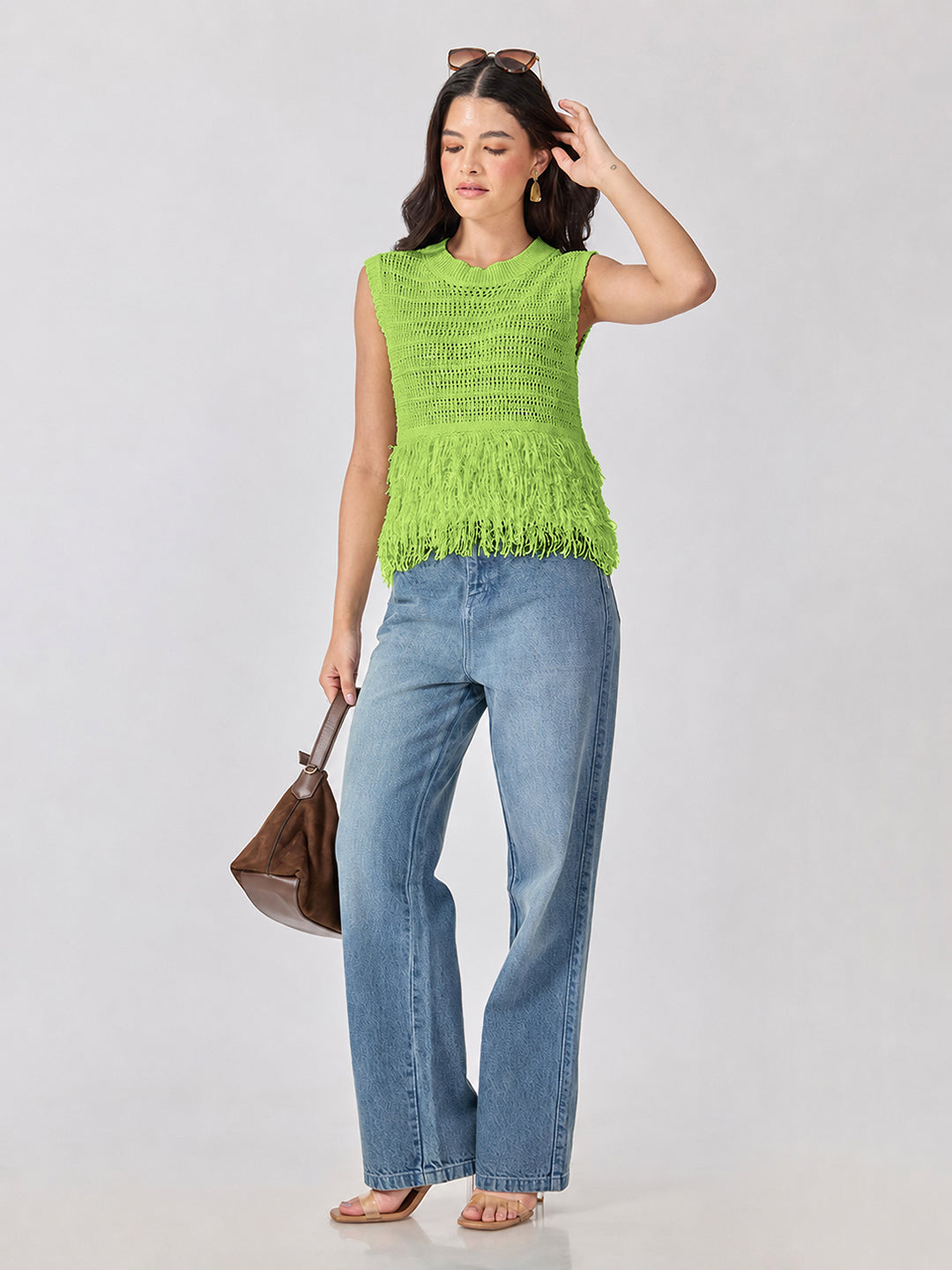 Women’s Open-Knit Textured Green Crochet Top with Fringe Hem