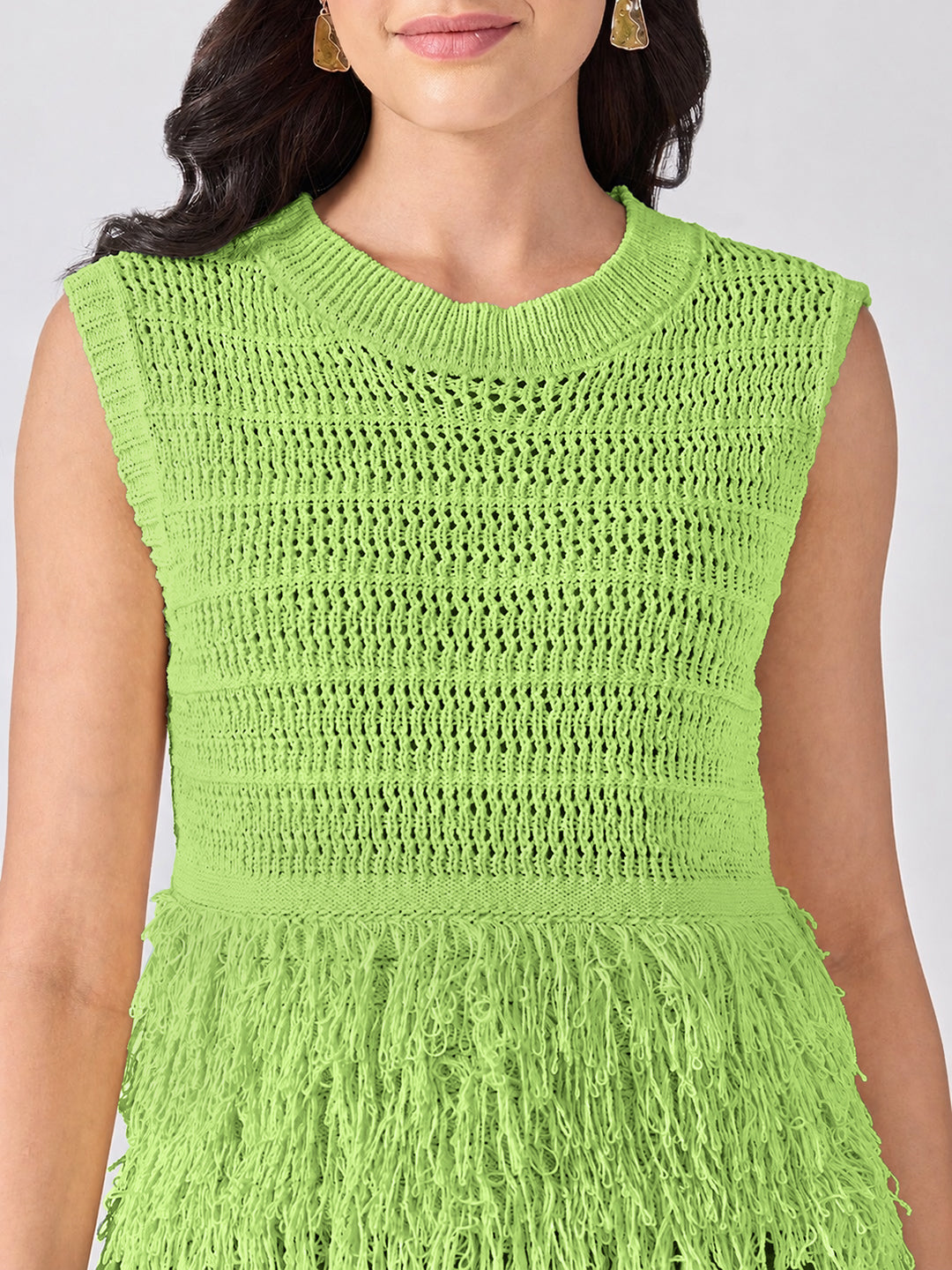 Women’s Open-Knit Textured Green Crochet Top with Fringe Hem