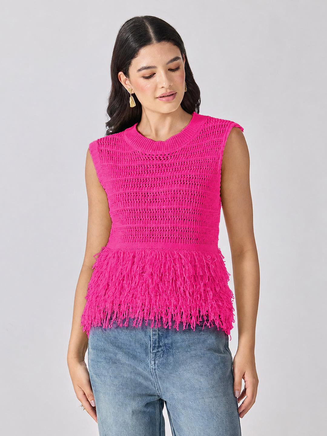 Women’s Open-Knit Textured Pink Crochet Top with Fringe Hem