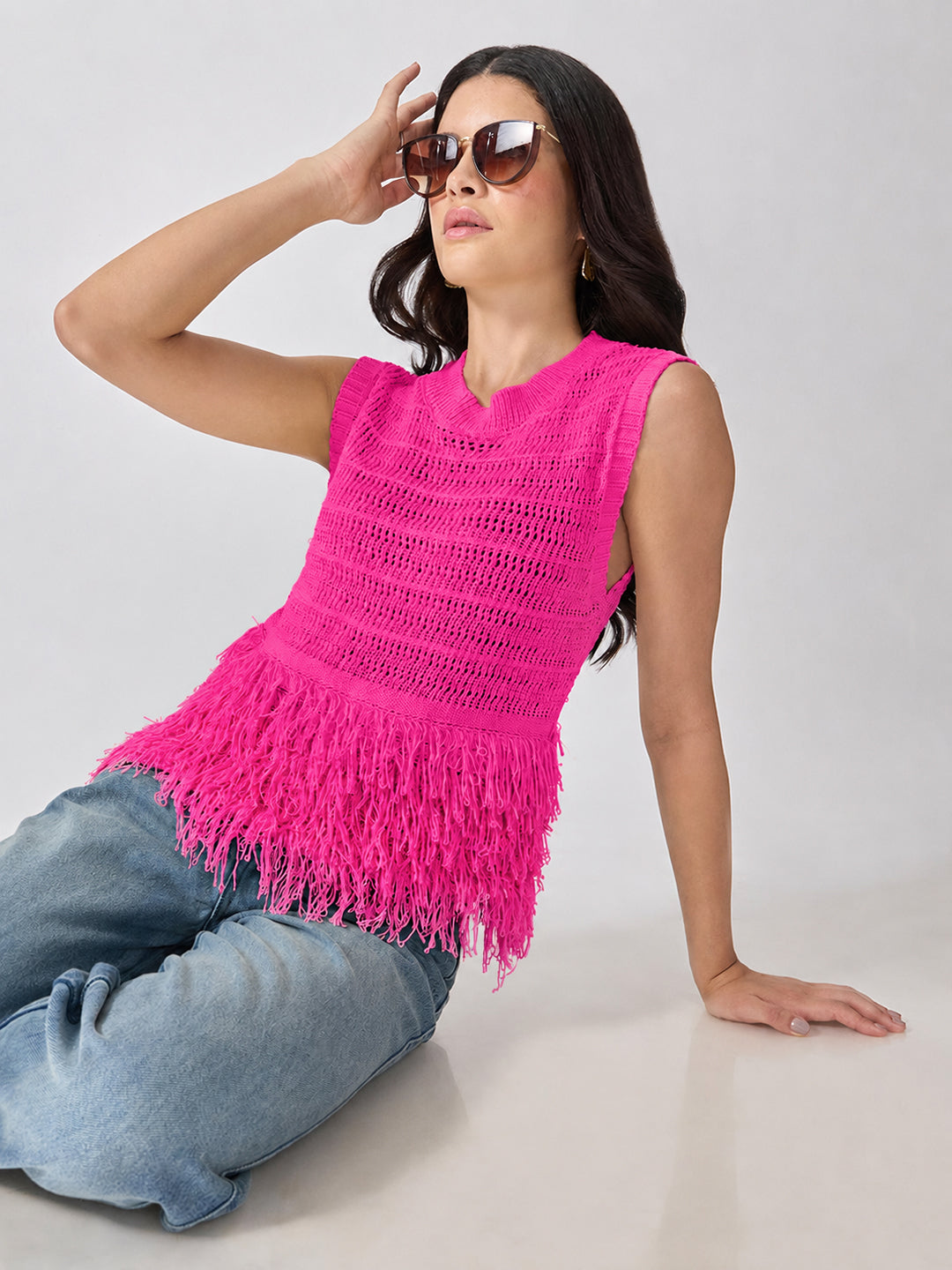 Women’s Open-Knit Textured Pink Crochet Top with Fringe Hem
